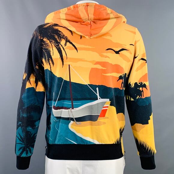 BALMAIN Size L Black Orange Blue Tropical Cotton Hooded Zip Up Sweatshirt - Picture 4 of 10